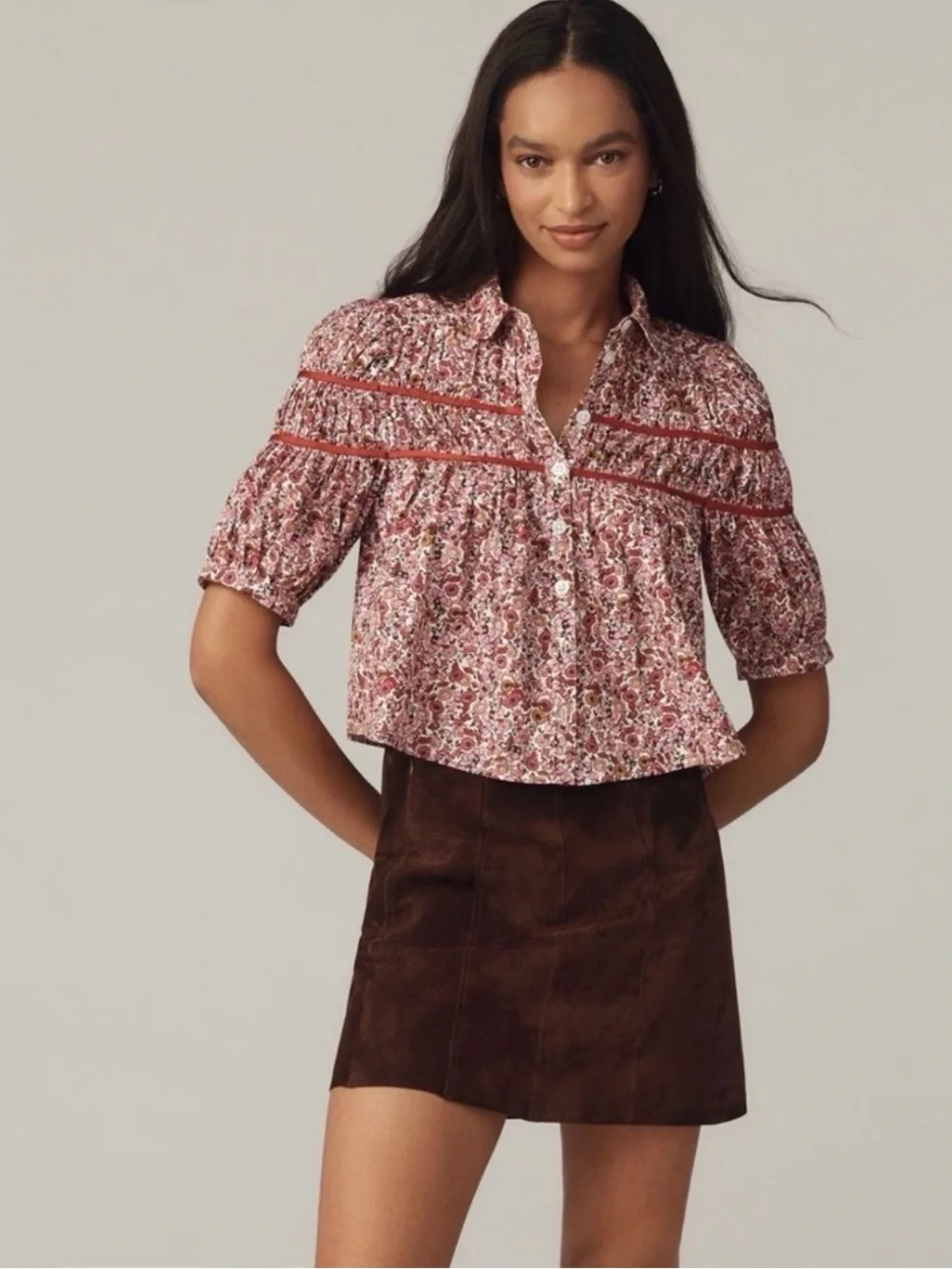 NWT——-Anthropologie Pink Floral Button-Front Blouse